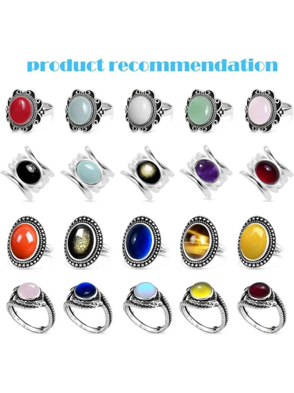 Chunky Boho Vintage Natural Stone Ring, Retro Crystal Quartz Statement Jewelry